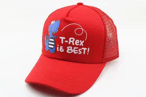 Detail of red kids mesh baseball cap featuring blue cartoon dinosaur and T-Rex text