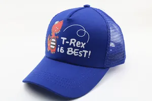 Detail of blue mesh baseball cap featuring a red T-Rex cartoon and breathable back panels