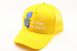 Close-up of a yellow kids' baseball cap with blue T-Rex print and breathable mesh fabric