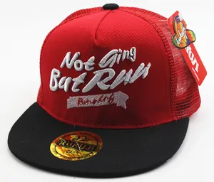 Close-up of kids mesh baseball cap with Run embroidery and red black color blocking