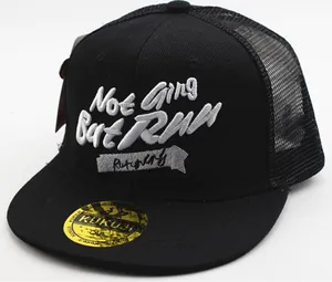 Detail view of breathable mesh back and embroidered Run lettering on kids baseball cap