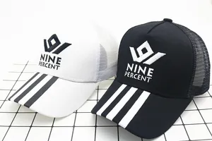 Detail of breathable mesh trucker hats featuring 3D Nine Percent crown embroidery
