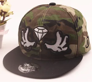 Detail of snapback cap featuring camo pattern and cartoon embroidery on the front crown