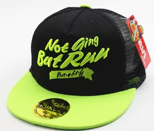 Close-up of neon green embroidery on a breathable mesh trucker hat for kids