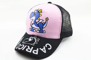 Close-up of pink toddler cap with blue cartoon dinosaur and breathable black mesh