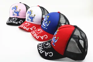Detailed display of mesh baseball caps for kids with cartoon dinosaur prints in various colors