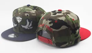 Detail view of camouflage snapback with diamond embroidery and Stay True back text