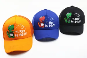Mesh baseball caps for kids featuring cute T-Rex dinosaur cartoon print in various colors