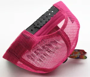 Detailed back view of pink mesh trucker hat featuring adjustable black plastic snapback strap