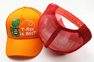 Detailed view of children's mesh trucker hats featuring cartoon dinosaur and snapback