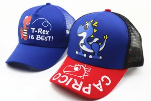 Detail view of cartoon dinosaur mesh trucker hats for kids in blue and red colors