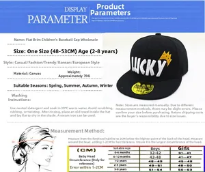 Detailed size chart for kids' lucky embroidery flat brim baseball cap with measurements