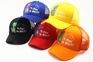 Detail of colorful kids mesh baseball caps with cartoon T-Rex print and breathable mesh