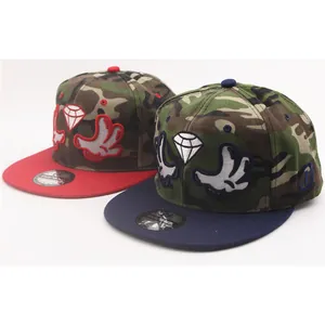 Camouflage snapback hats with red and blue brims featuring cartoon hand embroidery