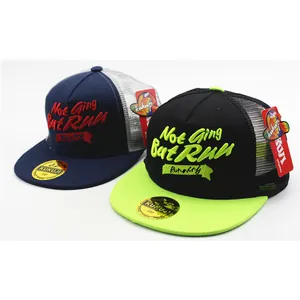 Kids mesh trucker hats with Not Going But RUN embroidery in contrast color block styles