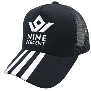 Kids black mesh trucker hat with Nine Percent embroidery and stripe detail for sun protection