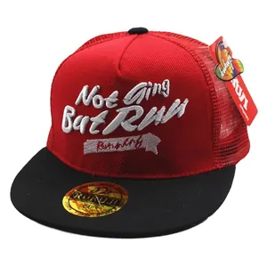 Kids red and black trucker hat with RUN embroidery and breathable mesh back