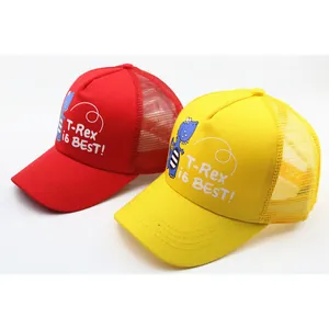 Breathable mesh kids baseball caps with cute cartoon T-Rex print in red and yellow colors