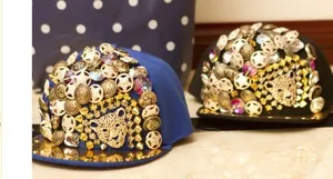 Hip hop baseball cap with gold leopard head, stars and rhinestones in blue and black colors