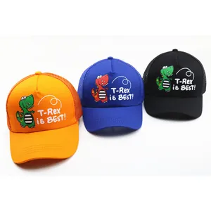Kids breathable mesh dinosaur baseball caps in orange, blue, and black colors