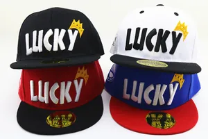 Close-up of kids hip hop baseball caps showing Lucky 3D embroidery and crown detail