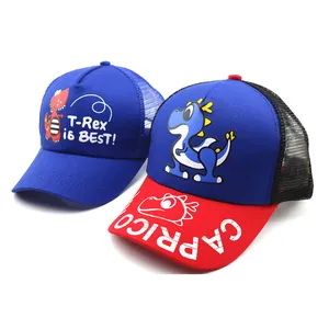 Summer kids mesh baseball caps featuring cute cartoon dinosaurs and breathable mesh backs