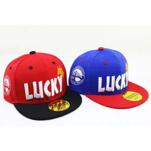 Kids flat brim snapback baseball hat with LUCKY embroidery and yellow crown in red and blue