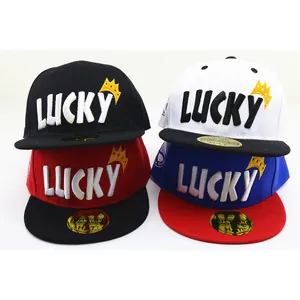 Kids flat brim snapback hats with LUCKY embroidery and crown logo in four assorted colors
