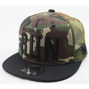 Camouflage mesh baseball cap with RUN embroidery and black flat brim for sun protection