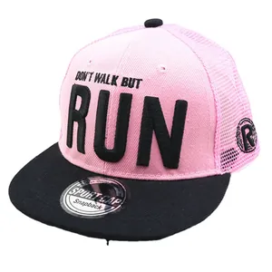 Pink and black mesh snapback baseball cap with embroidered RUN slogan in a front view
