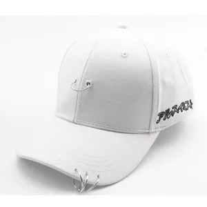 White cotton baseball cap with three silver metal rings and side Japanese embroidery