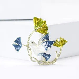 Elegant Enamel Peace Dove Ginkgo Leaf Brooch Pin For Women Fashion Suit Cardigan Accessory Creative Bird Jewelry Gift