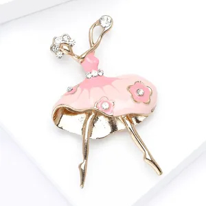Elegant gold ballet dancer brooch with pink enamel skirt and crystal rhinestones for women