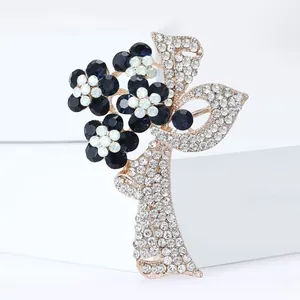 Luxury Alloy Rhinestone Flower Brooch For Women Rose Gold Dark Blue Crystal Bouquet Pin For Coat Cardigan Dress Jewelry
