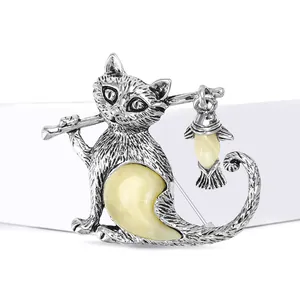 Vintage silver cat and fish brooch with yellow amber resin inlays for women's fashion
