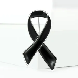 Broche Ruban en Émail Élégante pour Femmes Alliage Noir Argent Sensibilisation Deuil Épingle à Ruban Bijoux Accessoires Cadeau