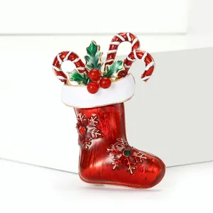 Christmas Stocking Brooch Alloy Enamel Rhinestone Pin With Candy Cane Holly Leaf For Festive Holiday Women Jewelry