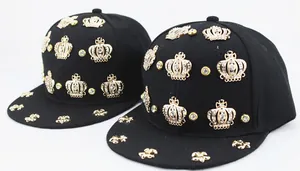 Hip hop flat brim baseball cap with gold crown rivets and rhinestones on black cotton