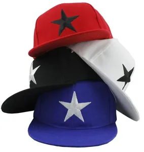 Detail of multi-color snapback hats with large star embroidery and flat brims