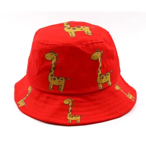 Red kids giraffe bucket hat with cartoon pattern and reinforced stitching for sun protection