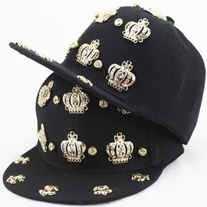 Punk Hip Hop Baseball Cap With Gold Crown Rivets Rhinestone For Men Women Kids Flat Brim Cotton Snapback Hat Club Party