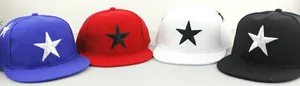 Flat brim snapback hats for kids with embroidered star in blue, red, white, and black