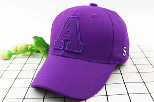 Detailed embroidery of letter A on a deep purple cotton twill kids baseball cap