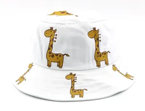 Close-up of white cotton sun hat featuring cute yellow giraffe prints for children