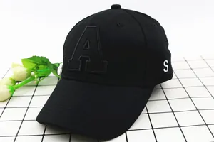 Detail of black cotton baseball cap with textured A and S letter embroidery stitching