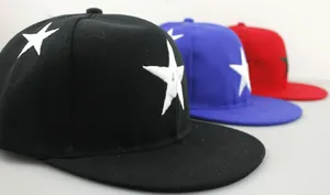 Collection of hip hop flat brim baseball caps with white star embroidery in black red and blue