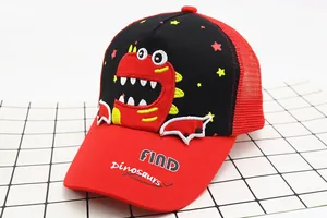 Detail of red mesh panels and dinosaur embroidery on this toddler baseball cap