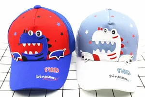 Detail of dinosaur embroidery and breathable mesh on children's baseball sun hats
