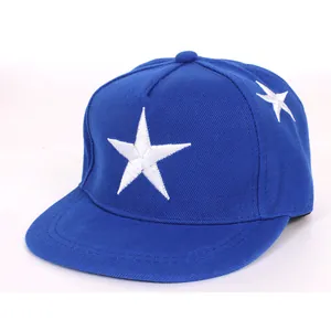Blue kids snapback hat featuring large white star embroidery and flat brim style
