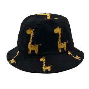 Foldable kids bucket hat with yellow giraffe print on black canvas fabric for sun protection